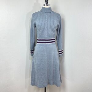Vintage Gray Knit A-Line Knee Length Dress Med Turtleneck Long Sleeves Academia
